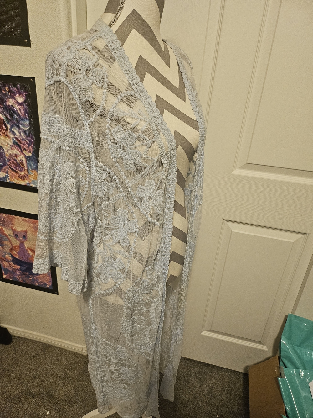 Light Blue Sheer Lace Duster Kimono - Picture 3 of 6